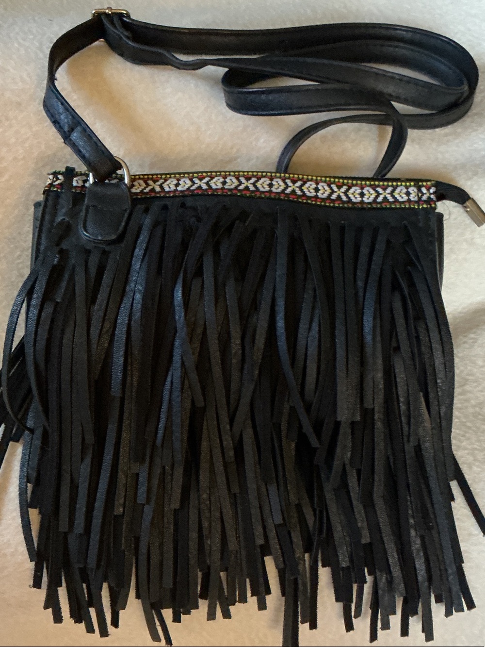 Hand Crafted Black Fringe Crossbody with Beaded Trim Accent